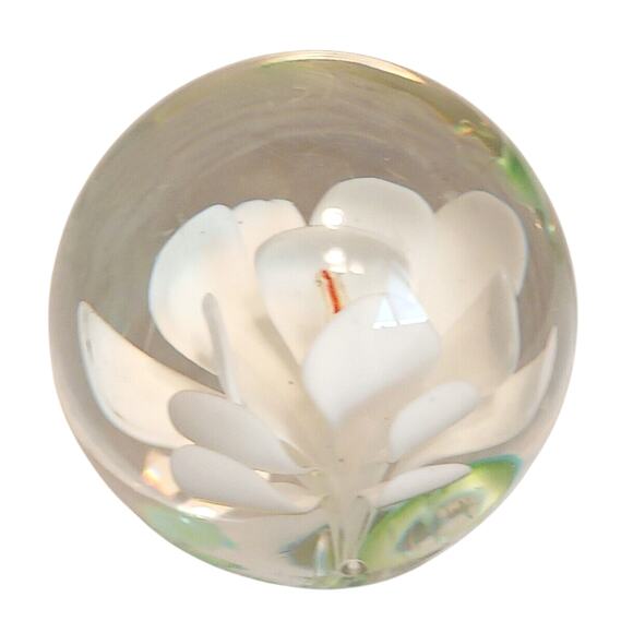 LOTUS FLOWER Glass Paperweight Hand Blown Glass White Floral - Picture 1 of 8